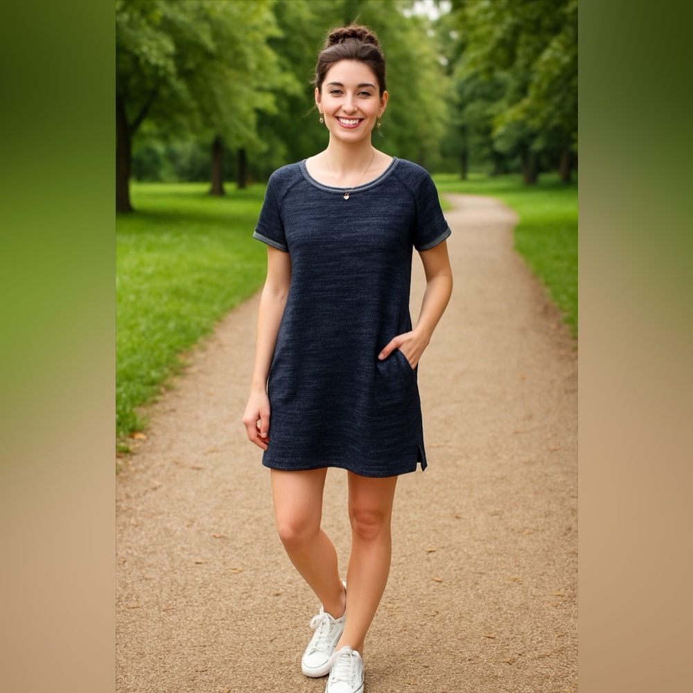 Navy Marled Knit Pocket Tunic Dress XS | Minimalist Casual‎ Chic